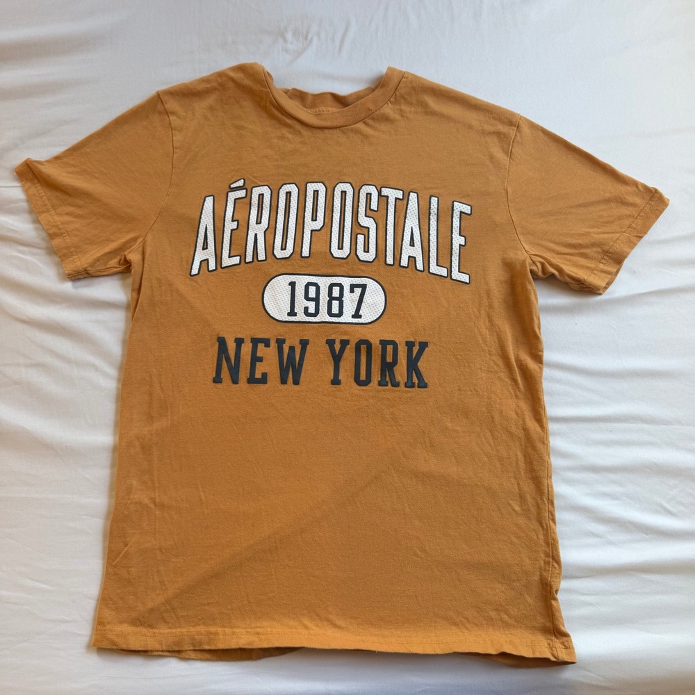 Aeropostale 1987 New York Graphic T-Shirt Mustard Yellow Cotton Mens Small